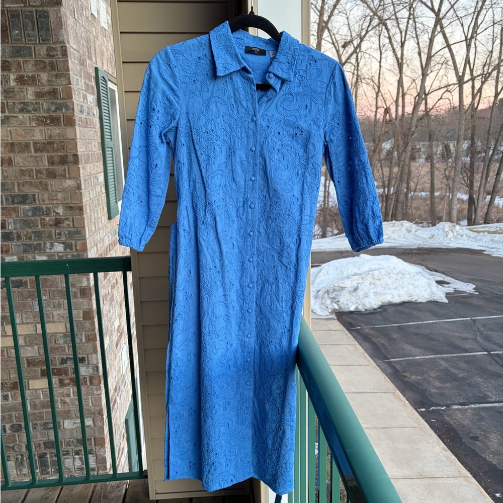 🆕 Tahari Spring Blue Embroidered Shirt Dress XS Belted Button Front Midi Cotton - Picture 4 of 17